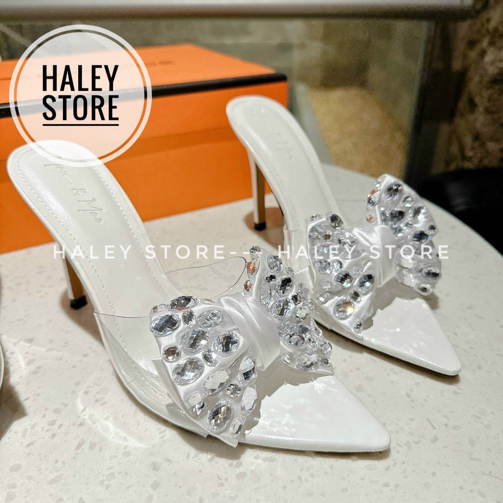 Guốc nữ HALEY STORE gót nhọn 9cm quai trong suốt đính nơ đá xoàn pha lê sang trọng giày cô dâu tiệc cưới
