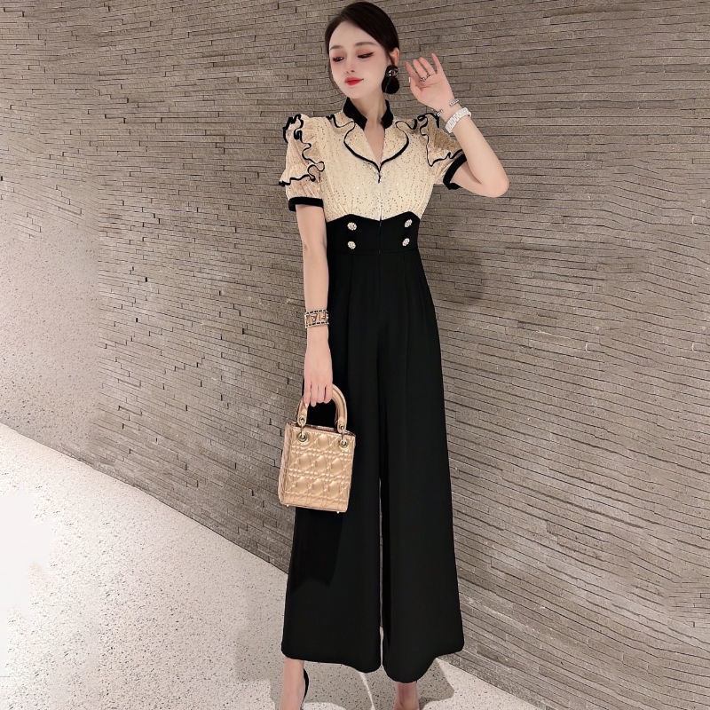 Jumpsuit Lưng Cao Ống Rộng Màu Sắc Tương Phản Thời Trang Mùa Hè Cho Nữ