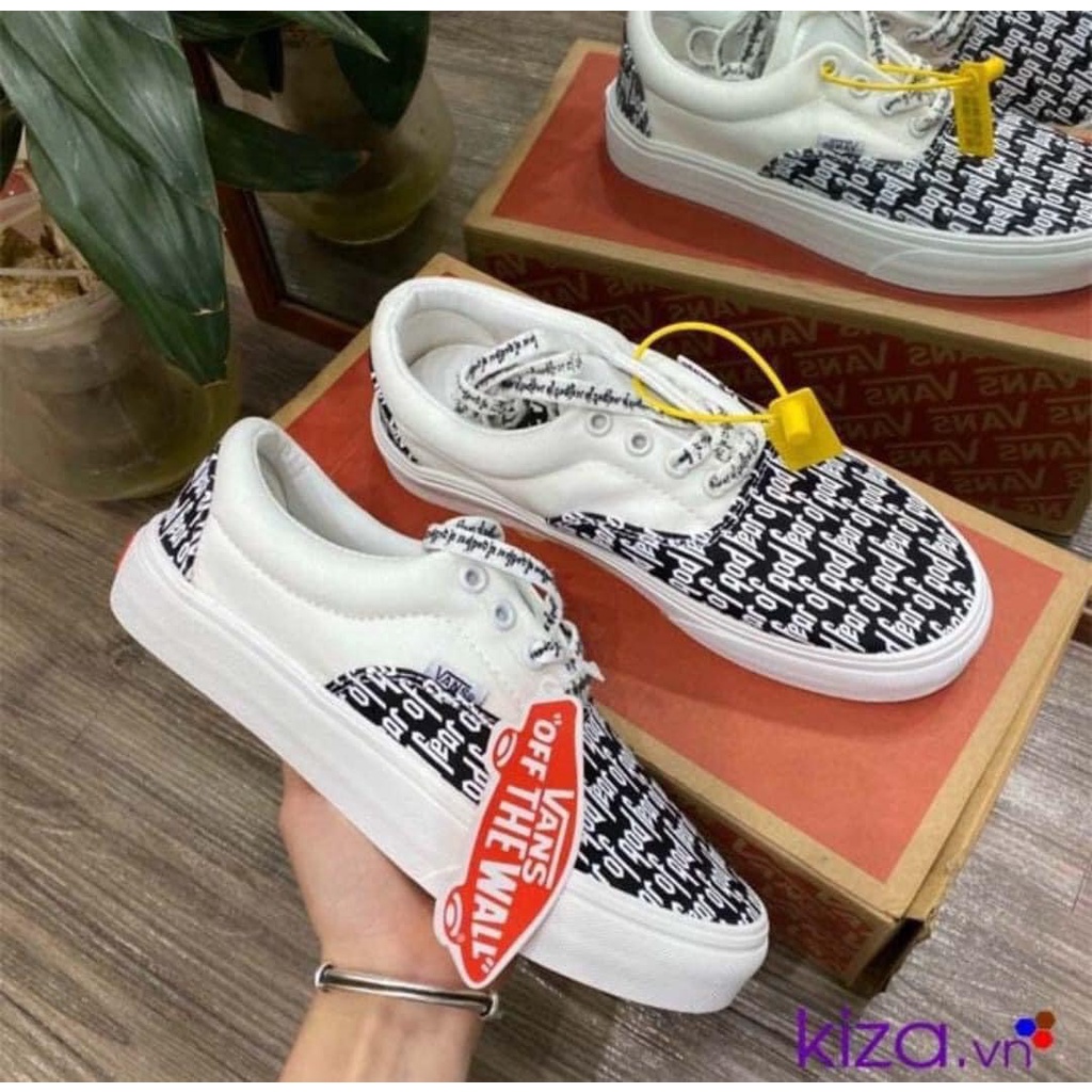 Giày thể thao Vans dán đen trắng fog Classic Slip On, Giày Van Caro lười Đen trắng Full Box Bill buộc dây