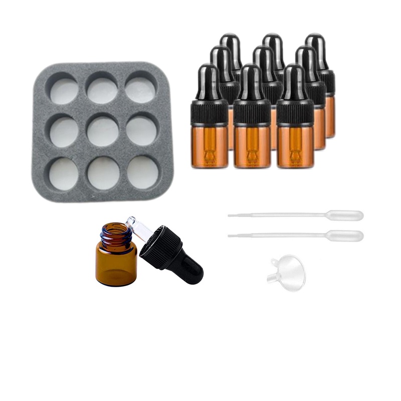 Set 9 Lọ Thủy Tinh Mini 1ml 2ml 3ml 5ml Kèm 1 Thanh Lăn Bằng Cao Su Màu Đen Đựng Mẫu Thử