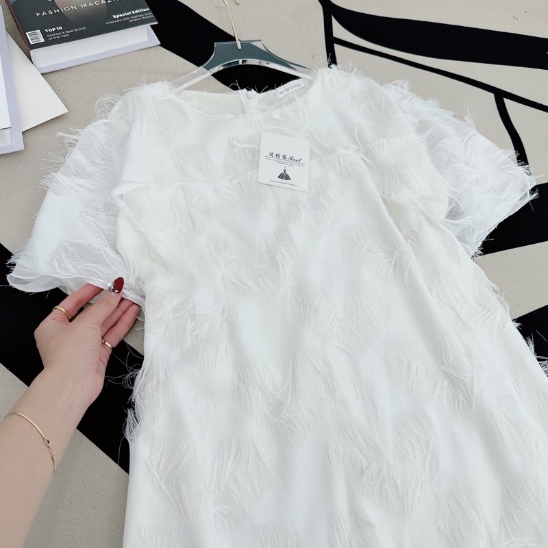 [ 𝐅𝐑𝐄𝐄 𝐒𝐇𝐈𝐏 ] Váy suông trắng sợi rua siêu hot hit Vải tơ rua QC cao cấp chuẩn y mẫu mặc, có lót trong ko lộ, khoá lưng