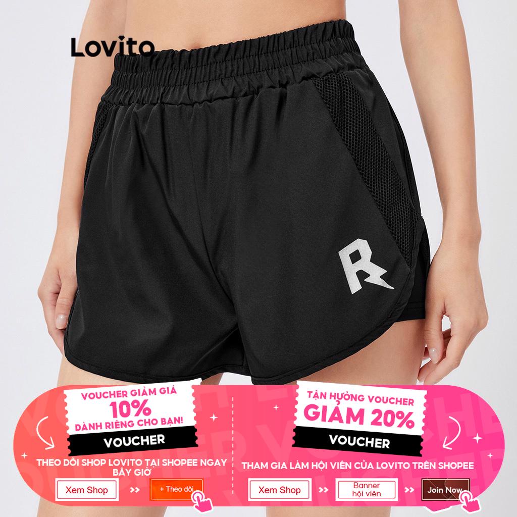Quần short Lovito phối chữ 2 trong 1 phong cách thể thao L26AD064 (màu đen)