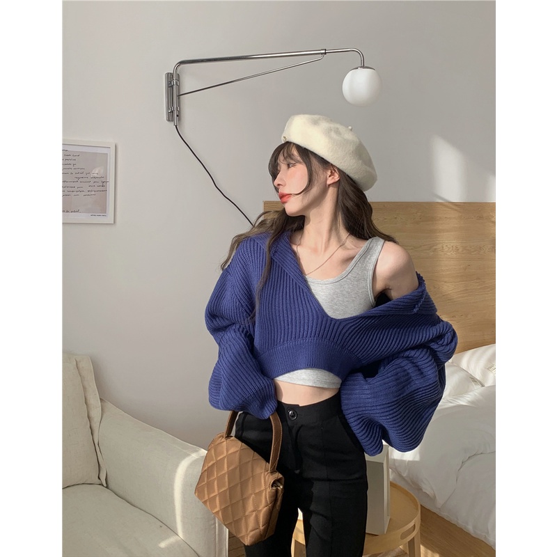 Áo croptop dệt kim tay dài dáng rộng duyên dáng dễ phối đồ cho nữ