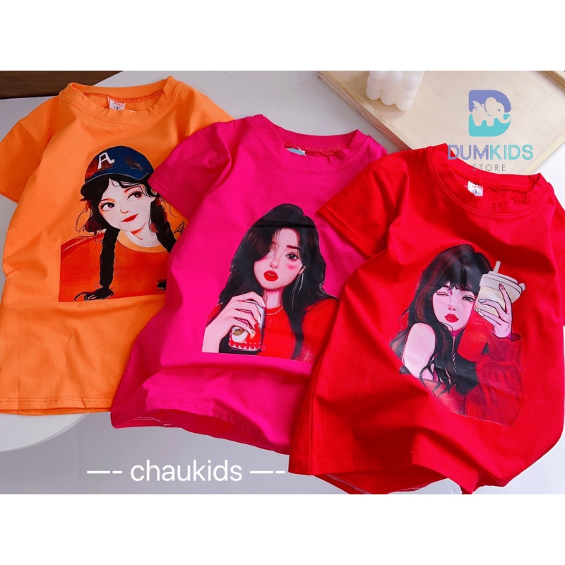 Áo cho bé gái , Áo cộc tay cotton trùm mông in hình cô gái dễ thương cho bé gái 10-30kg