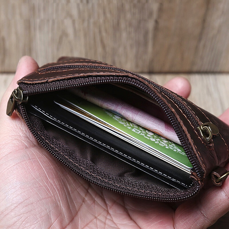 Ví Da Thật Mỏng Đựng Tiền Xu Có Khóa Kéo Phong Cách Retro Cho Nam Nữ