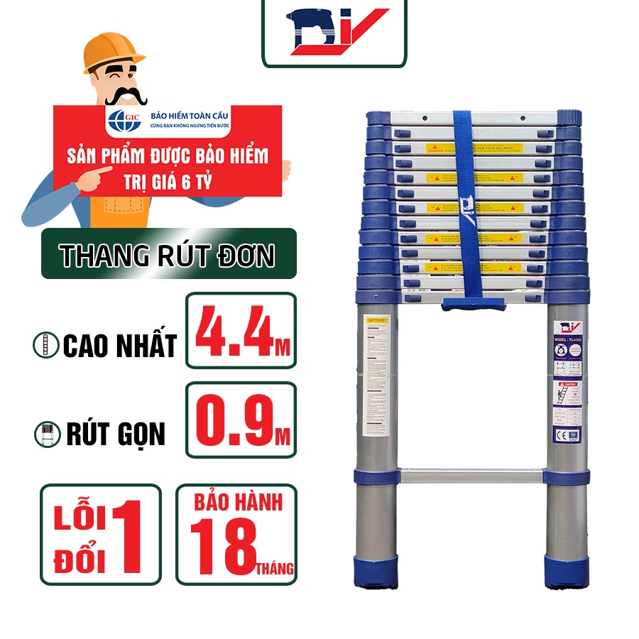 [HỎA TỐC 2H HCM] Thang nhôm rút đơn DIY TL-I-44S chiều cao sử dụng tối đa 4.4m