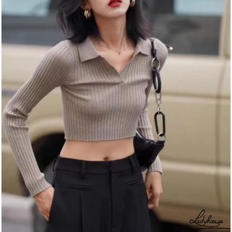 Áo Croptop Dệt Kim Tay Dài Cổ Bẻ Màu Trơn Thời Trang Xuân Thu Dành Cho Nữ