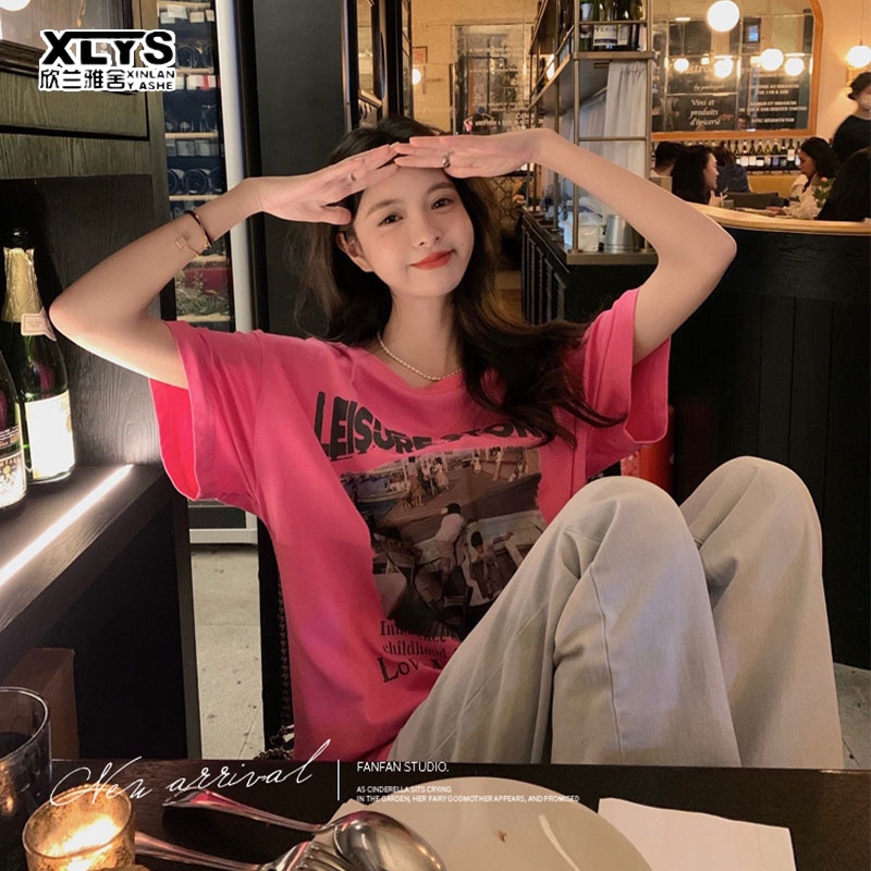 Áo thun XINLANYASHE ngắn tay dáng rộng in họa tiết thời trang Hàn Quốc cho nữ