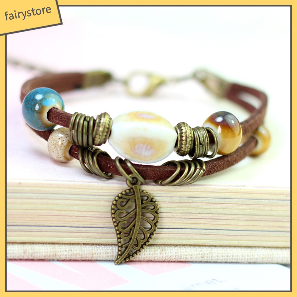 Vòng Tay Da Giả Hai Lớp Đính Hạt Và Lá Sứ Phong Cách Bohemian Fairy1 [Fairy1] Cho Nữ