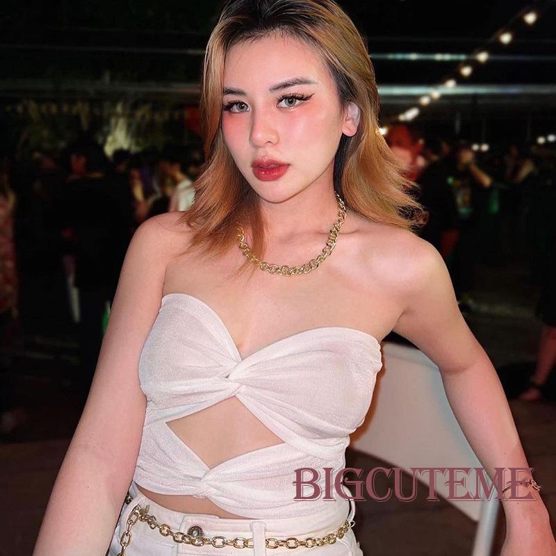 [] Áo Ống Đan Chéo Phía Trước Màu Trắng / Hồng / Xanh Dương Cho Nữ