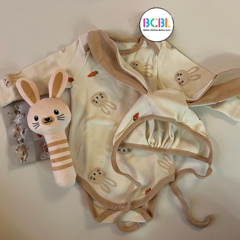 Set trang phục BCBL áo liền quần tay ngắn/ tay dài và mũ tai thỏ họa tiết cà rốt và thỏ hoạt hình xinh xắn cho bé 1 tuổi