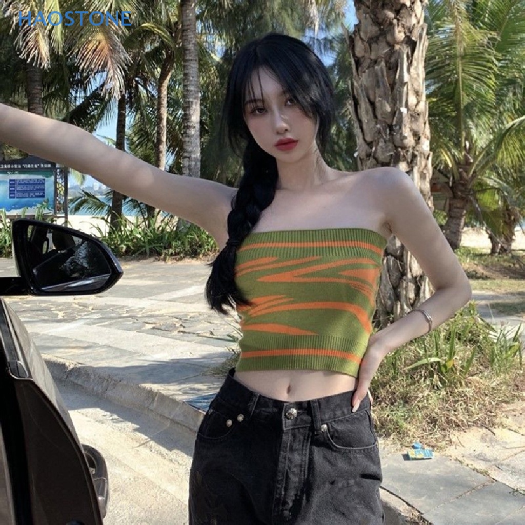 Hot Áo Croptop Dệt Kim Trễ Vai Không Tay Kẻ Sọc Màu Xanh Lá Thời Trang Đường Phố Cho Nữ MCL