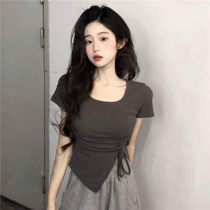 Áo Thun Tay Ngắn Dáng Ôm Thiết Kế Dây Rút Độc Đáo Thời Trang Mùa Hè Mới Cho Nữ