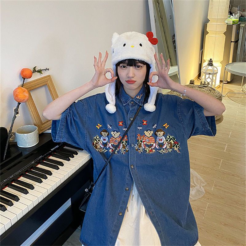 COZOK Áo Sơ Mi denim Ngắn Tay Dáng Rộng Thêu Họa Tiết Kiểu vintage