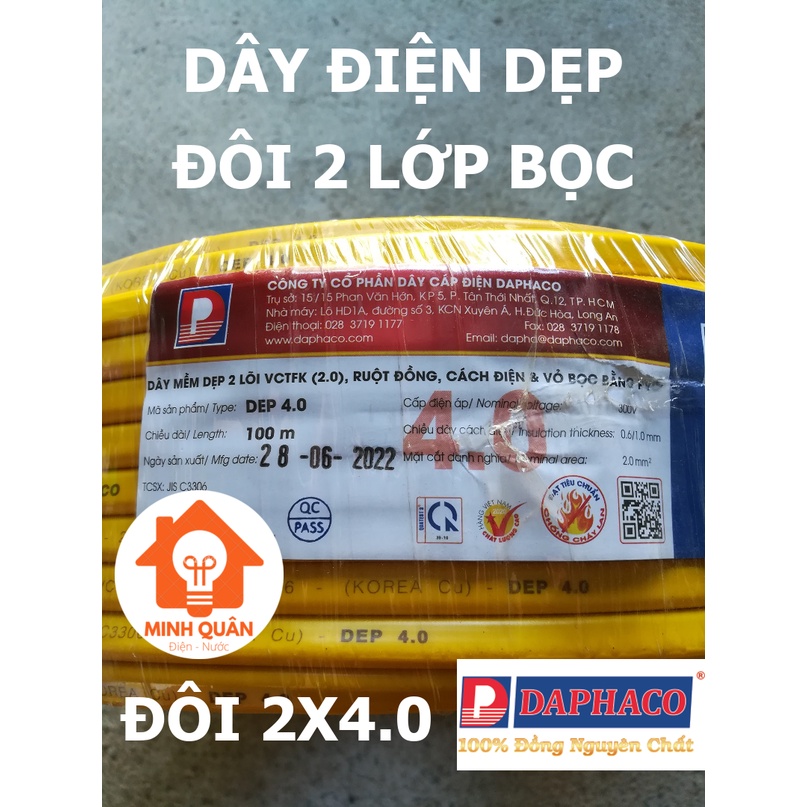 1 MÉT Dây điện đôi dẹp 2 lớp vỏ DAPHACO 2x4.0 (MÀU NGẪU NHIÊN)