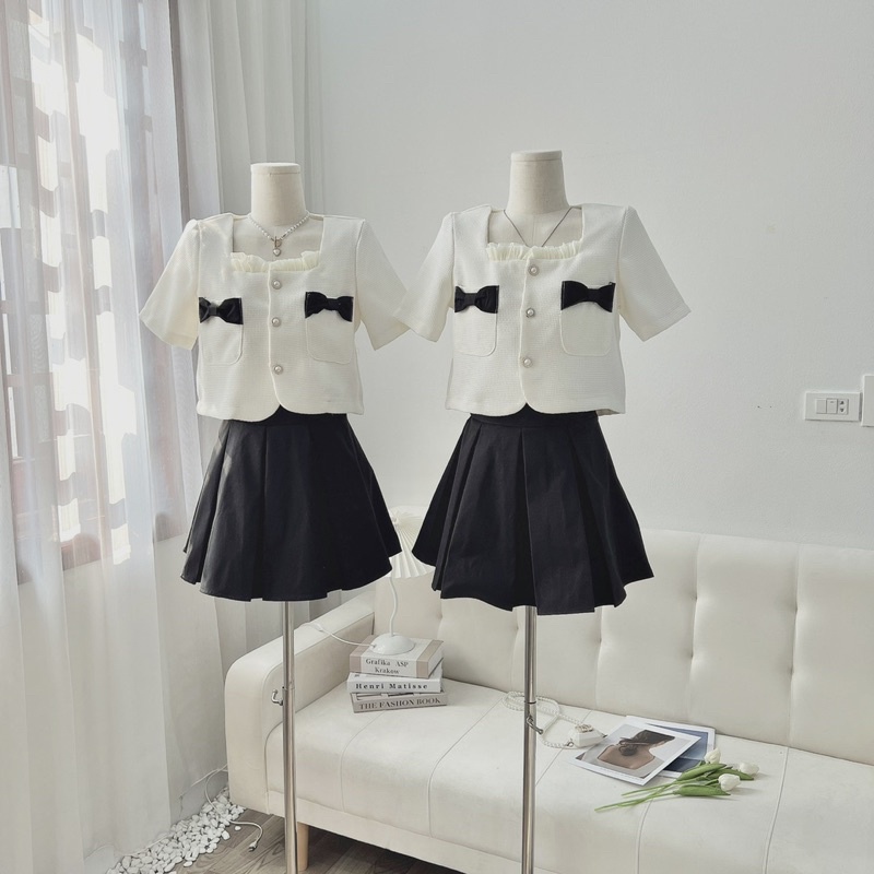 Set Dạ Túi Nơ Chân Váy Ngắn Xoè Siêu Xinh Có Ảnh Thật