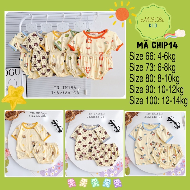 CHIP14 bộ chip thun mềm mát minky nền kem in gấu ếch Tnin156 cho bé 4kg đến 14kg