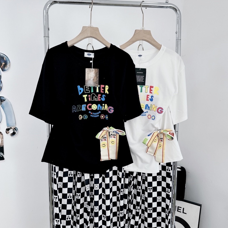 [ 𝐅𝐑𝐄𝐄 𝐒𝐇𝐈𝐏 ] Set áo phông mặt cười nơ cài mix quần suông caro hot hit Áo cotton tàu mềm đẹp, xẻ hông chuẩn mẫu