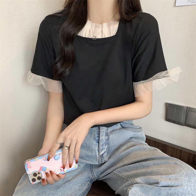 ZHELIHANGFEI Áo Thun Tay Ngắn Cổ Vuông Dáng Ôm Dễ Phối Đồ Phong Cách Hàn Quốc