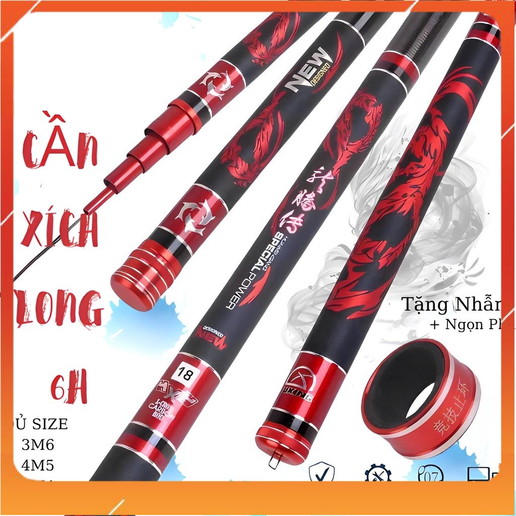 Cần Câu Tay, Cần Câu Cá Xích Long 6h, Carbon Xoắn Tặng Kèm Ngọn Phụ + Nhẫn Cao Cấp - Đồ Câu Khánh Đinh
