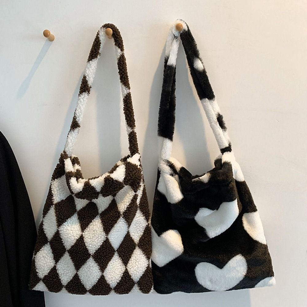 Túi Đeo Vai Bằng Lông Cừu Họa Tiết Hình Thoi Hình Trái Tim Sức Chứa Lớn Cho Nữ