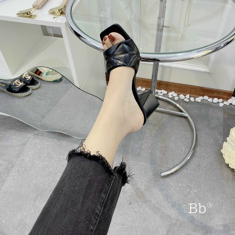 Guốc nữ cao gót vuông PR quai ngang bèo nhún nhúm in nổi 5P đi tiệc đi chơi đẹp