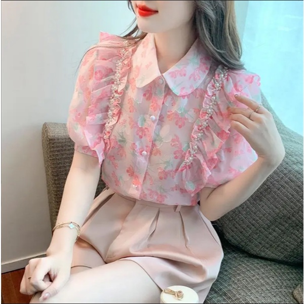 Áo Sơ Mi Chiffon Ngắn Tay Dáng Rộng Họa Tiết Hoa Phong Cách Vintage Cho Nữ