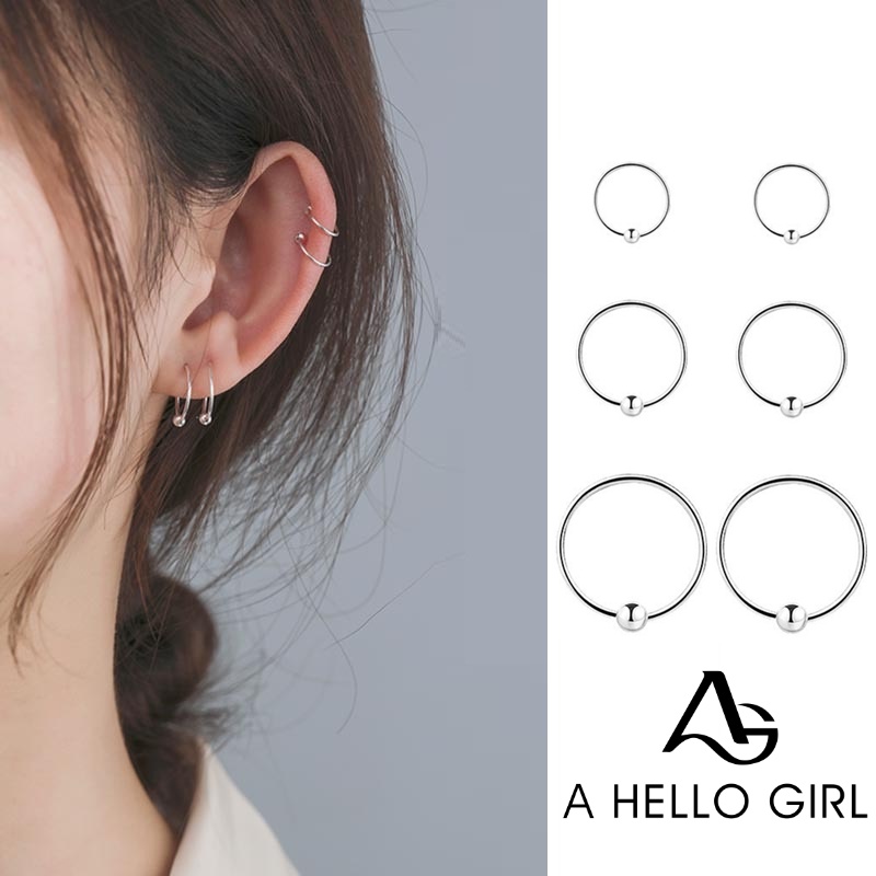Ahellogirl Hoa tai tròn bằng thép không gỉ thời trang đơn giản 6mm/ 8mm / 10mm / 12mm / 14mm /16mm /18mm /20mm Hoa tai bạc Hàn Quốc cho bạn gái nữ vòng khuyên