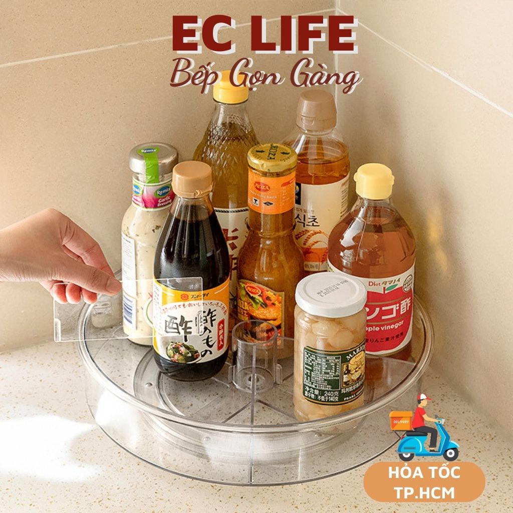 Kệ đựng gia vị, khay đựng mỹ phẩm xoay có ngăn chia tháo lắp linh hoạt trắng trong suốt EC Life 0816
