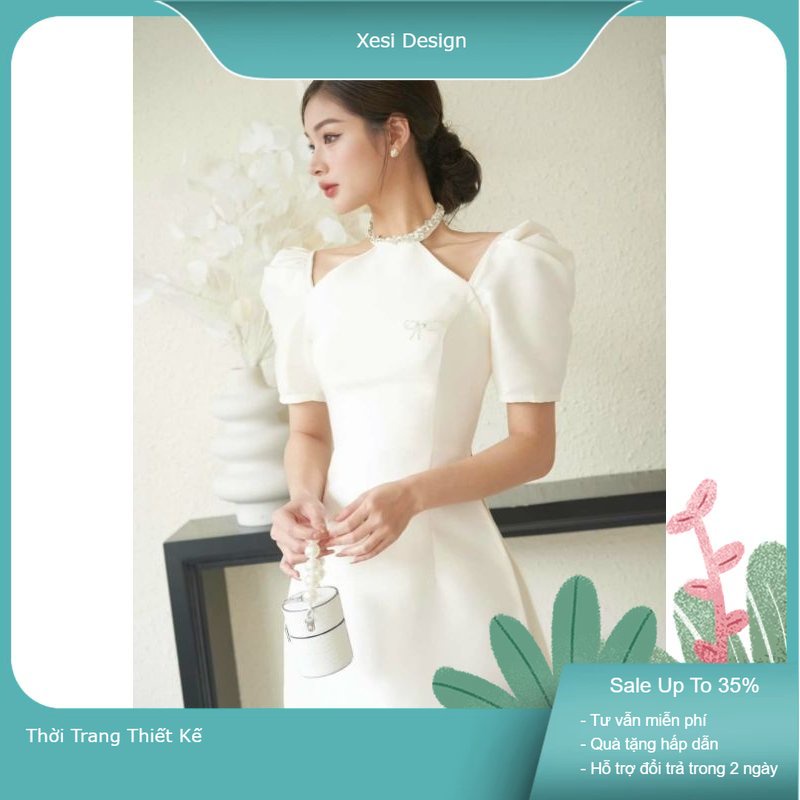 Sét Áo Dài Mộc Lan Thiết Kế Tay Bồng, Cổ Yếm, Đính Đá Sequin, Áo Dài Cô Dâu Sang Trọng, Áo Dài Dự Tiệc