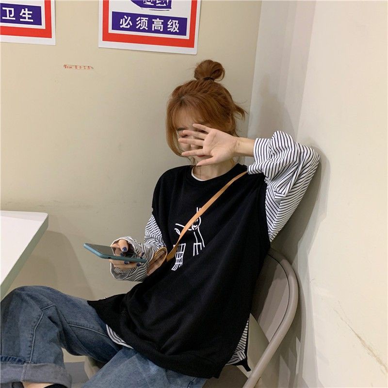 Set áo pull kẻ cổ tròm tay dài + áo gile nỉ Ulzzang dáng rộng in hình trc Hàng Quảng Châu
