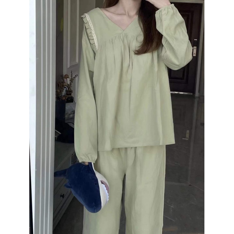 Bộ Đồ Ngủ Tay Dài Phối Ren Màu Trơn Phong Cách Nhật Bản Thời Trang Mùa Thu Hàng Mới 2023