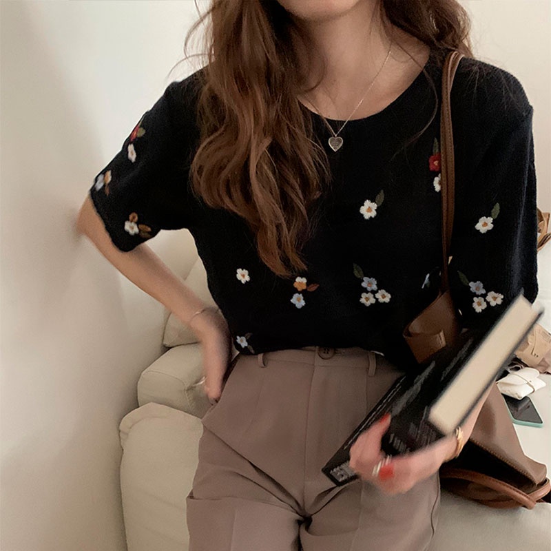 Áo Len Tay Ngắn Thêu Họa Tiết Phong Cách Hàn Quốc Thời Trang Mùa Hè Mới Cho Nữ