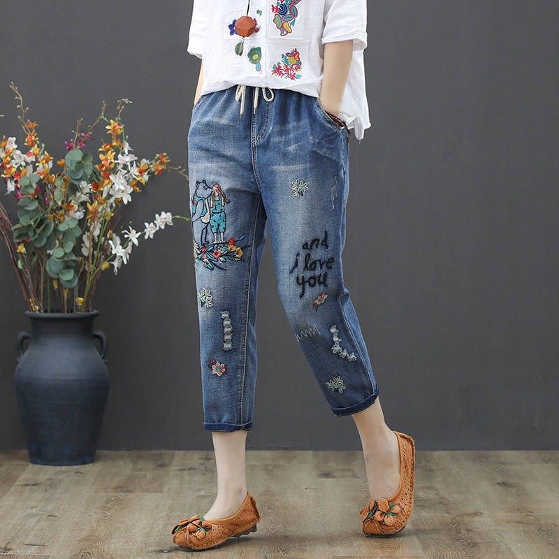 Quần jeans Nữ Lưng Thun Thêu Họa Tiết Phong Cách Retro