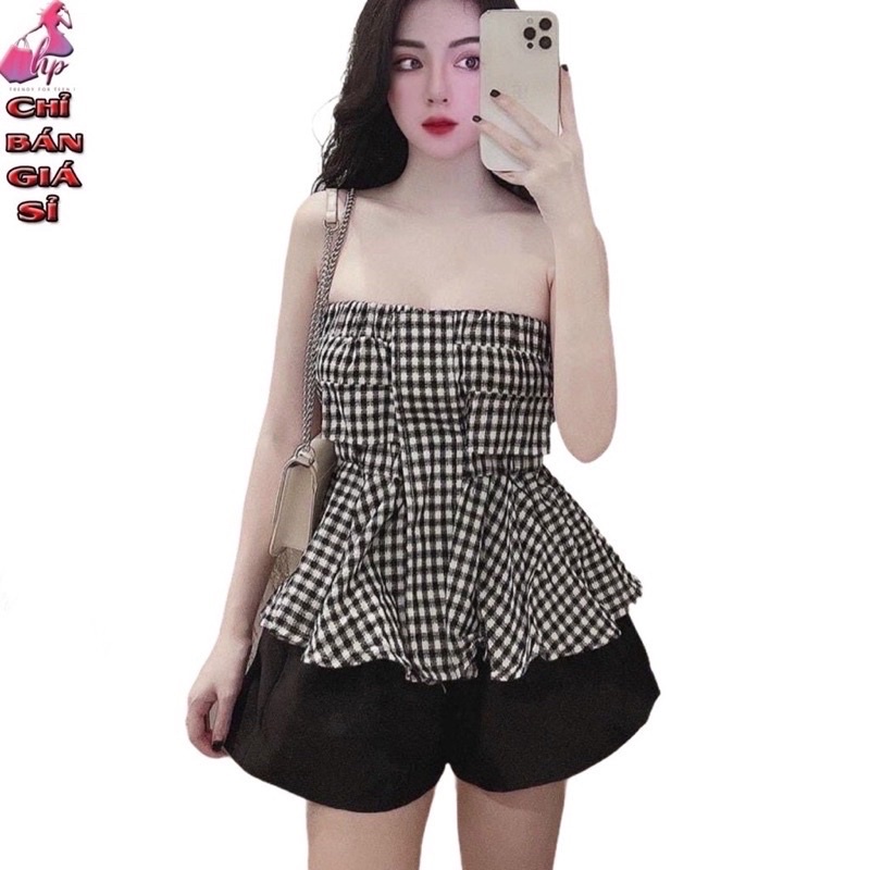 Áo ống dạng xoè vải katê caro FREESIZE