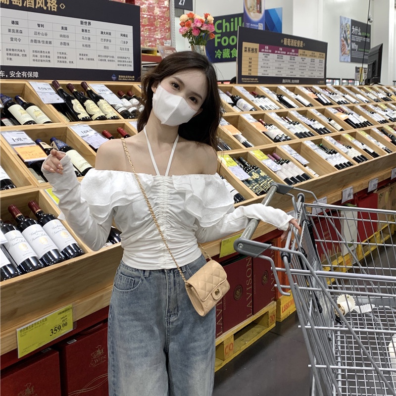 Áo sơ mi SUXI tay dài phồng trễ vai dáng ôm thời trang mùa xuân xinh xắn cho nữ