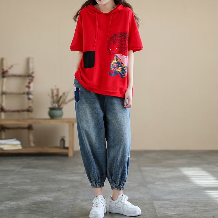 Áo Thun 100% Cotton Có Mũ Trùm Đầu Tay Ngắn Dáng Rộng Phong Cách Hàn Quốc Thời Trang Mùa Hè Hàng Mới