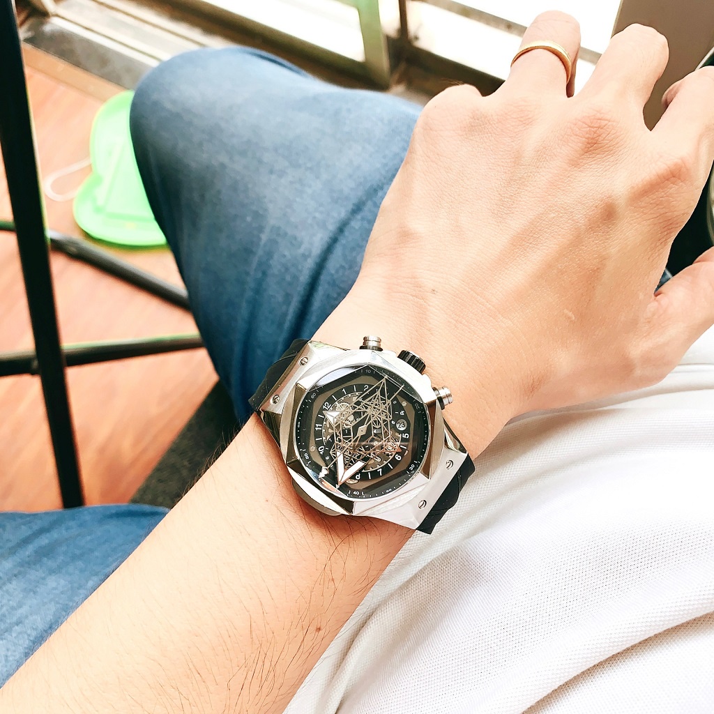 Đồng Hồ Nam Hanboro 998 Tự Động Dây Cao Su Silver 42mm