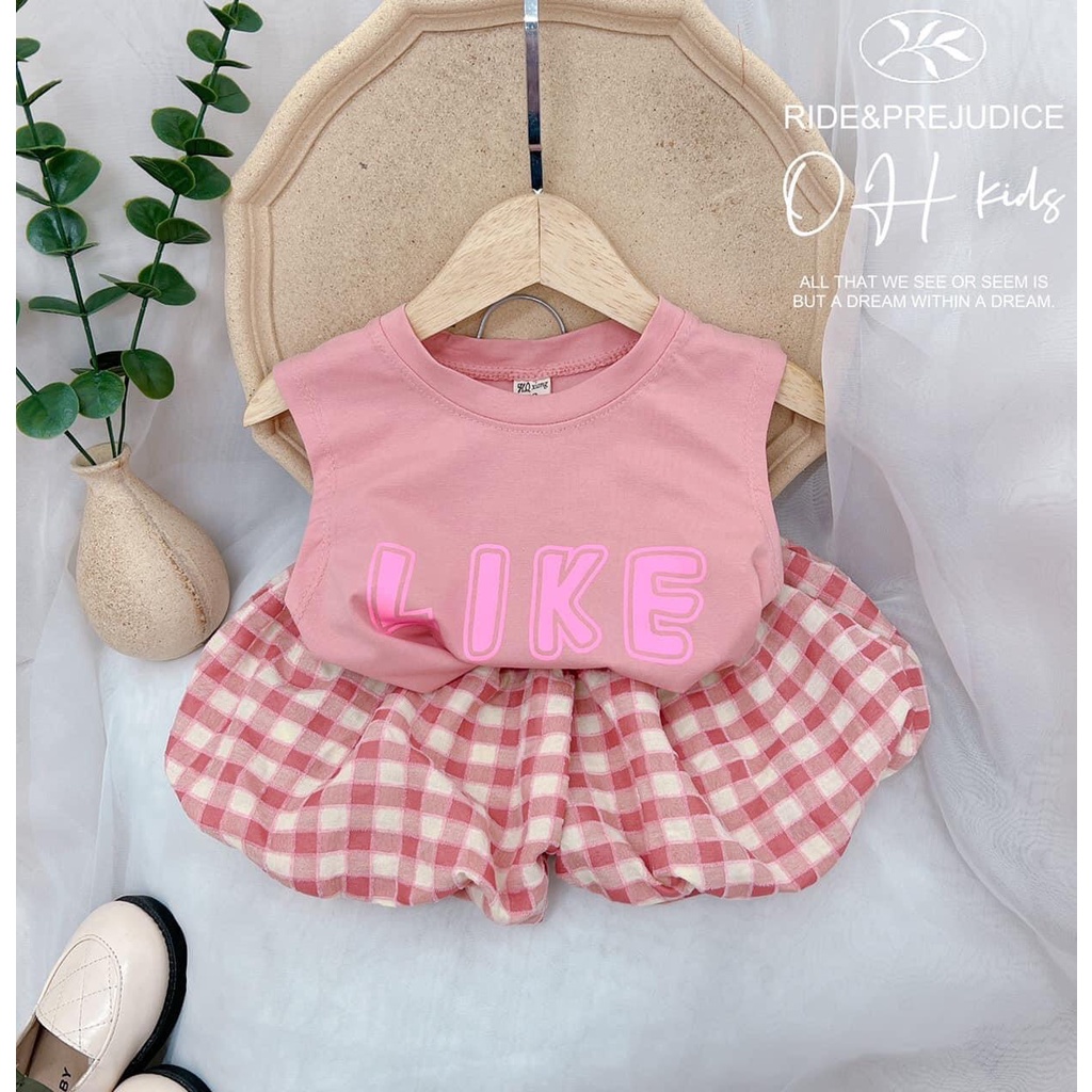 Sét Đồ Bé Gái Bộ Quân Áo Thun In Chữ Like Quần Kẻ Cho Bé Gái