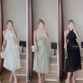 Đầm Dự Tiệc Lông Vũ 2 Lớp Hở Lưng Cổ Dây [Có Mút] Thật Sự Phù Hợp Dự Tiệc/Đi Làm/Đi Chơi Phong Cách Trẻ Trung