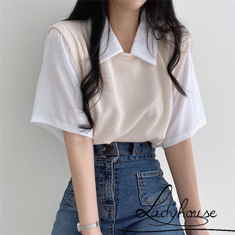 Áo Thun Ngắn Tay Cổ Bẻ Màu Sắc Tương Phản Thời Trang Mùa Hè Cho Nữ