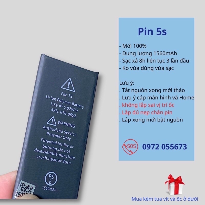Pin Eu Cho Ip 5/ 5s/ 5c/ 5se/ 6/ 6p/ 6s/ 6sp/ 7/ 7p/ 8/ 8p Mới 100% Tặng Kèm Siu Dán
