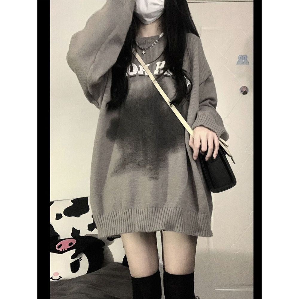 Áo Sweater Dáng Rộng Màu Xám Nhuộm Phong Cách Đường Phố Mới Cho Nữ