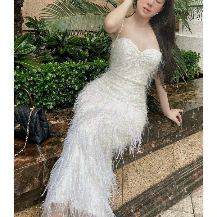 Đầm 2 dây lông vũ,Maxi đi biển dự tiệc thiết kế Dáng Dài trễ Vai Khoe eo Tôn dáng body Sang Chảnh Thời trang MJP