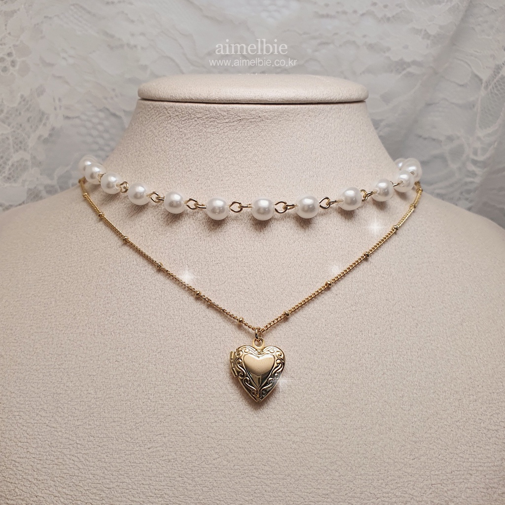 ♥ Trang sức Hàn Quốc aimelbie ♥ Vòng cổ vòng cổ ngọc trai nhiều lớp Heart Locket - Gold ver. (Vòng c