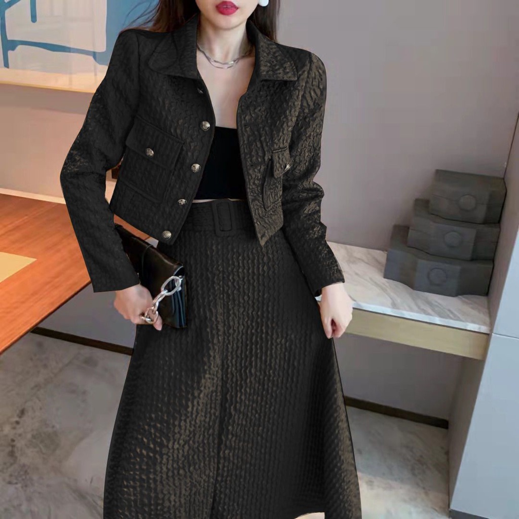 Set Áo Khoác Dáng Ngắn Phối Chân Váy Lưng Cao Phong Cách Châu Âu Thời Trang Mùa Thu Mới 2022