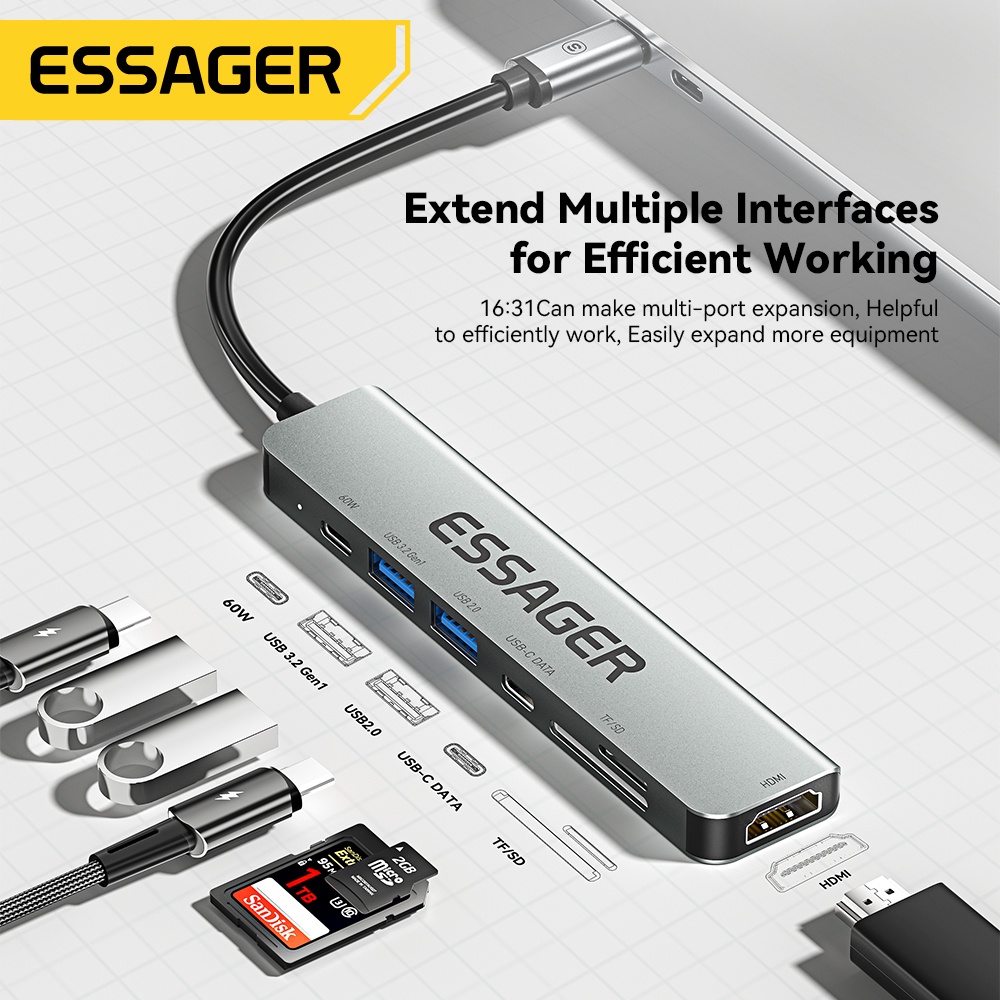 Essager HUB USB 3.0 Đọc Thẻ SD Tốc Độ Cao 7 Trong 1