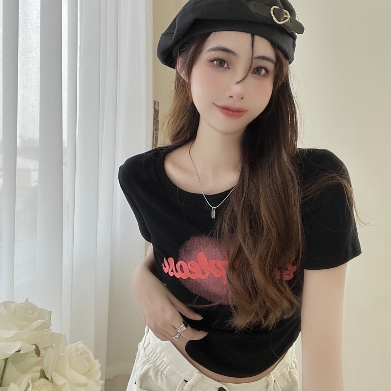 ZHELIHANGFEI Áo Thun Tay Ngắn Lưng Cao Dáng Ôm In Họa Tiết Thời Trang Quyến Rũ Cho Nữ