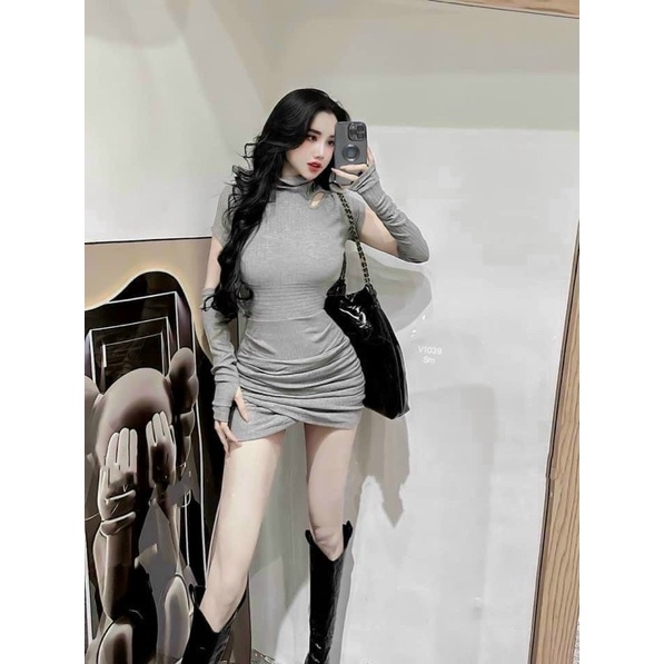 Đầm Body nữ hở khoét vai cổ lọ tay ngắn cá tính