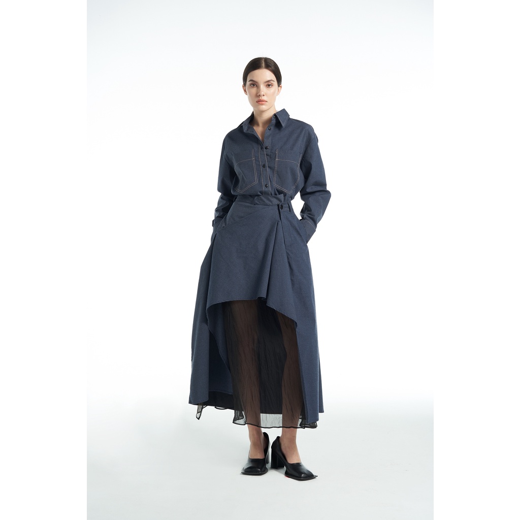Chân váy Jean phối vải sheer KHÂU BY CQ Maine Denim